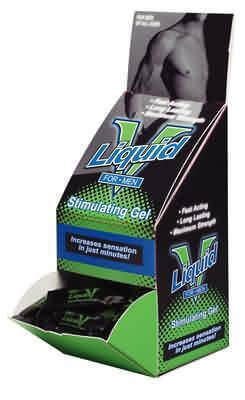 Liquid V for Men Male Stimulating Gel display box with 50 individual packages for enhanced pleasure.