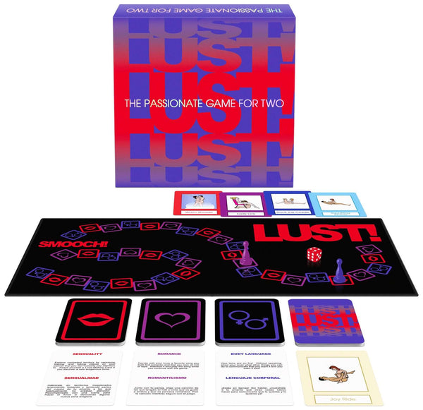 Lust Board Game for couples featuring a game board, cards, and vibrant packaging designed for intimacy and exploration.