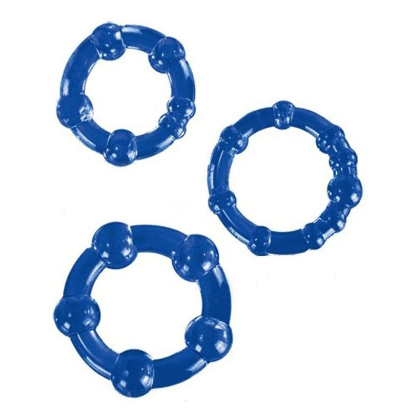 Blue Stay Hard Beaded 3 Pc Cock Rings for super hard erections and delayed ejaculation. High quality luxury adult toys by Blush Novelties.