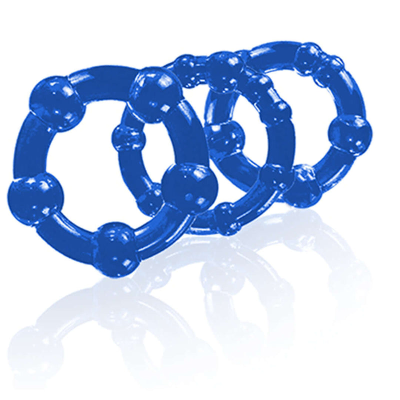Stay Hard Beaded 3 Pc Cock Rings Blue by Blush Novelties for stronger erections and delayed ejaculation, available in three different sizes