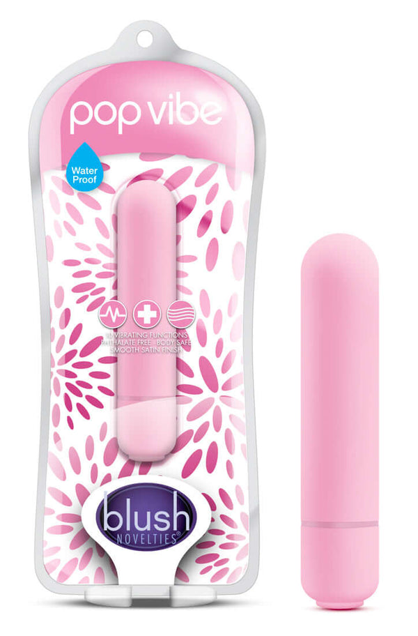 Pop Vibe Pink 10-function waterproof vibrator by Blush Novelties with NexGen technology, smooth texture, and compact size for easy use.