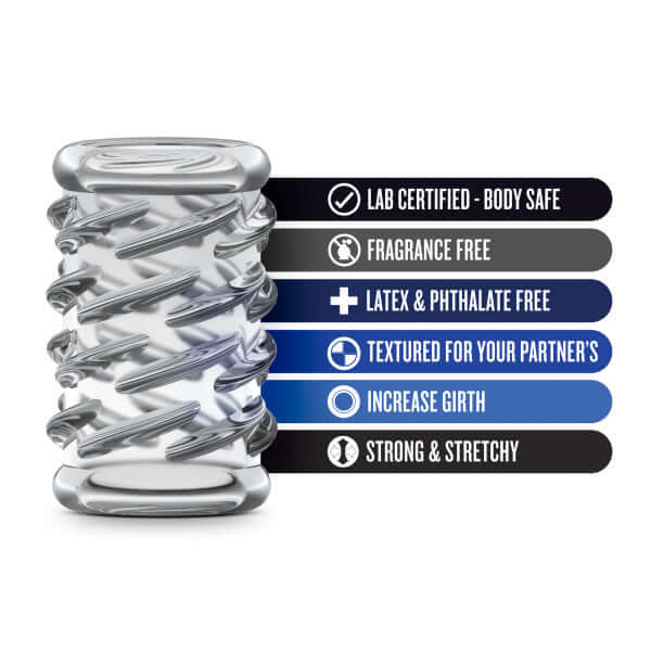 Clear Stay Hard Cock Sleeve 06 with features including lab-certified body safe, fragrance-free, latex and phthalate-free, and increased girth.
