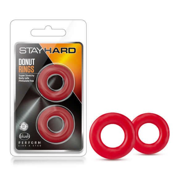Stay Hard Donut Rings Red, 2-pack, by Blush Novelties for stamina and enhanced erections. Soft, stretchy cock rings in packaging with two rings displayed.