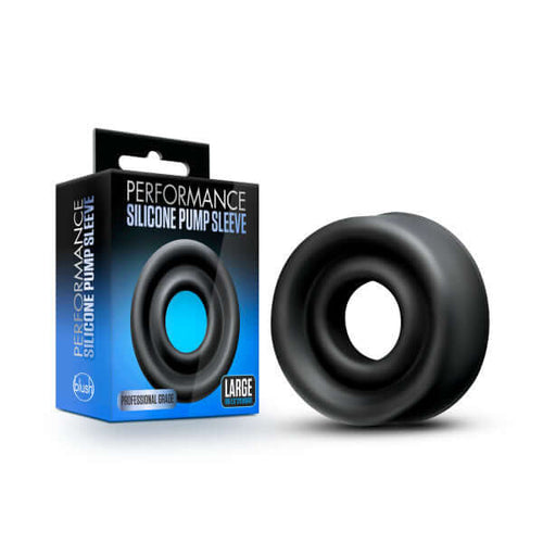 Performance Silicone Pump Sleeve Large Black from Blush Novelties, fits 2.5 inches cylinders, durable and comfortable for better suction.