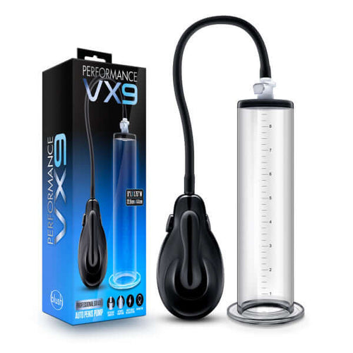 Performance VX9 Auto Penis Pump - Clear by Blush Novelties packaging and device image