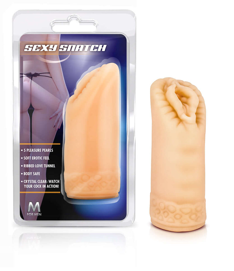 Sexy Snatch masturbator with 5 pleasure beads, soft realistic feel and ribbed love tunnel for intense stimulation.