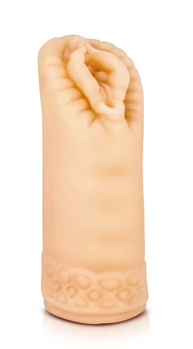 Realistic white flesh masturbation sleeve with textured canal and ribbed design for stimulation.
