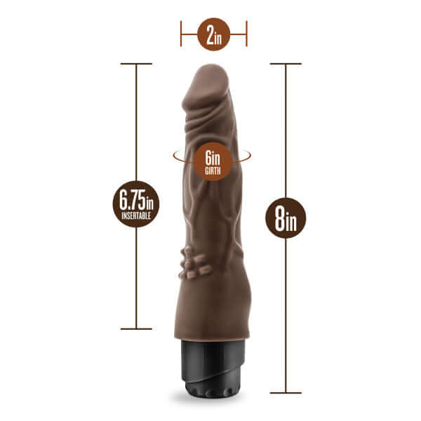 Dr. Skin Cock Vibe 4 Chocolate Brown Realistic Vibrating Dildo with measurements showing 8 inches in length, 6-inch girth, 2-inch diameter