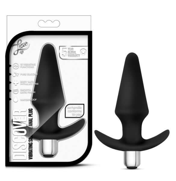 Luxe Discover Black Anal Plug by Blush Novelties with 10 vibrating functions in packaging and product display.