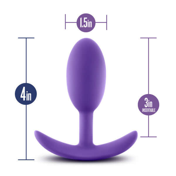 Luxe Wearable Vibra Slim Plug in Medium Purple with dimensions 4 inches tall, 1.5 inches wide, and 3 inches insertable.