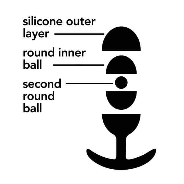 Diagram of Luxe Wearable Vibra Slim Plug Medium Black showing silicone outer layer and internal mechanism including round balls.