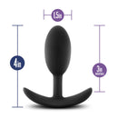 Luxe Wearable Vibra Slim Plug Medium Black dimensions - 4 inches long, 1.5 inches wide, 3 inches insertable, by Blush Novelties