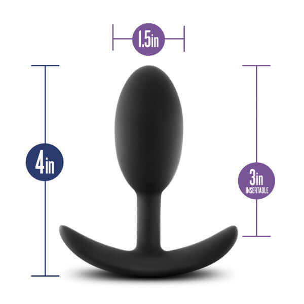 Luxe Wearable Vibra Slim Plug Medium Black dimensions - 4 inches long, 1.5 inches wide, 3 inches insertable, by Blush Novelties