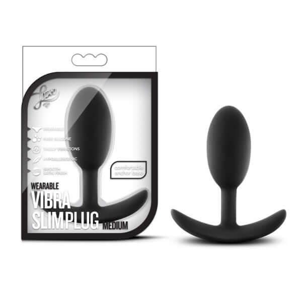 Luxe Wearable Vibra Slim Plug Medium Black by Blush Novelties in packaging and product display.
