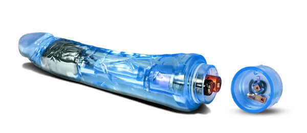 Naturally Yours Mambo Vibe Blue realistic curved vibrator with multiple speeds for intense stimulation displays its hand-crafted jelly design.