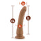 Dr Skin 8.5" Mocha Tan Dildo with measurements showing length, girth, and insertable size against white background