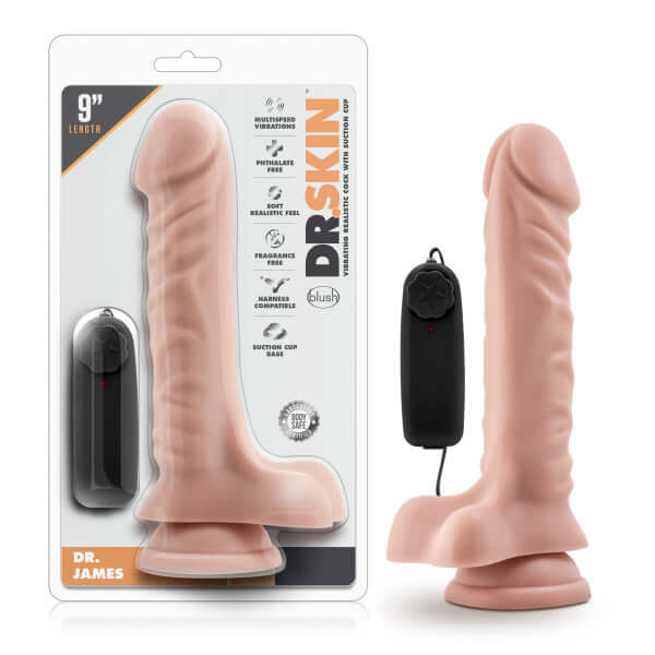 Dr. Skin Dr. James 9 Inch Vibrating Cock with Suction Cup Vanilla Beige in packaging and standing upright with remote control