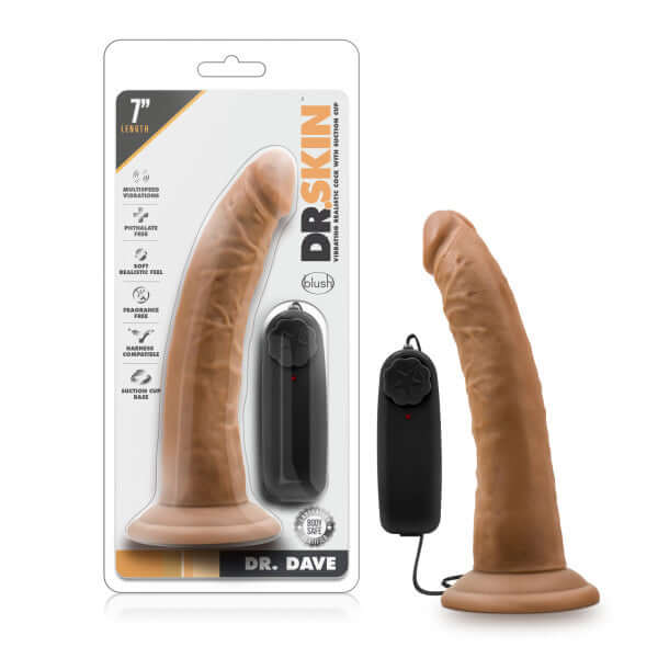 Dr. Skin Dr. Dave 7 inch Mocha Vibrating Cock with Suction Cup in packaging and device shown outside