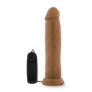 Dr. Skin Dr. Throb 9.5 Inch Vibrating Realistic Cock with Suction Cup in Mocha Tan from Blush Novelties showing remote and lifelike details.