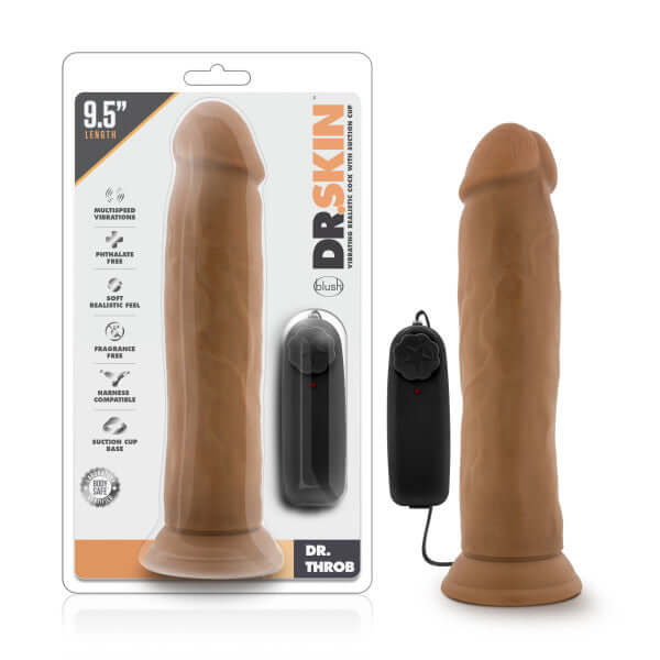 Dr. Skin Dr. Throb 9.5 Inches Vibrating Realistic Cock with Suction Cup Mocha Tan in packaging and product view