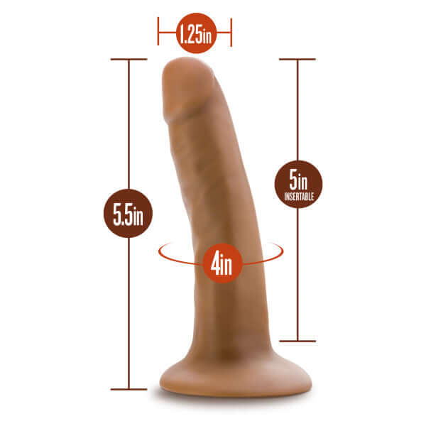 Dr. Skin 5.5" realistic dildo in mocha tan with suction cup, harness compatible, showing measurements of 5.5" length and 1.25" diameter.