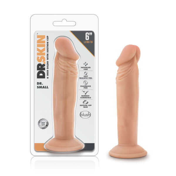 Dr. Skin Dr. Small 6-Inch Vanilla Beige dildo with realistic detail and suction cup, shown with packaging.
