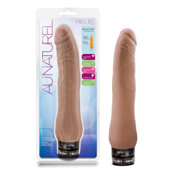 AU Naturel Miguel realistic vibrator with Sensa Feel technology in packaging and displayed upright.