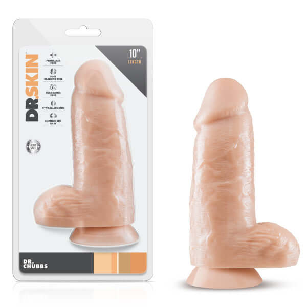 Dr. Skin Dr. Chubbs 10" Vanilla Beige Dildo with Suction Cup Base in Packaging.