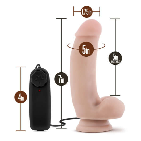 Loverboy The Quarterback 7-inch vibrating realistic dildo with remote control shown with dimensions for length, girth and insertable length.