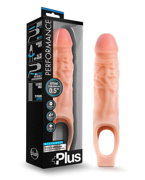 Performance Plus 9 Inch Silicone Cock Sheath Penis Extender in Vanilla Beige with Packaging from Blush Novelties
