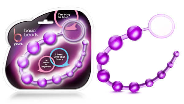Purple flexible anal beads by Blush Novelties with retrieval loop, designed for beginners, shown in packaging and unboxed.