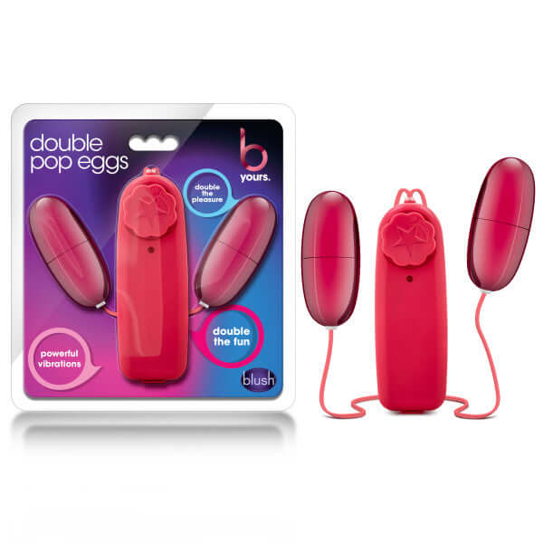 B Yours Double Pop Eggs in Cerise Pink, featuring two powerful vibrating bullets for double pleasure and fun, displayed in packaging.