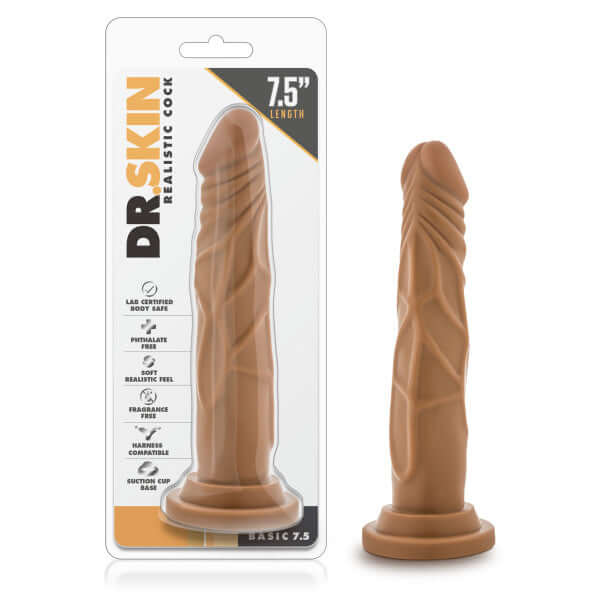 Dr. Skin Realistic Cock 7.5-inch mocha tan dildo with suction cup and strap-on compatibility in packaging and product view