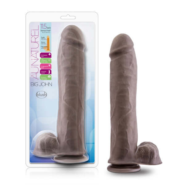 Au Naturel Big John 11.5" Sensa Feel Dual Density Dildo in packaging and displayed, chocolate brown color.