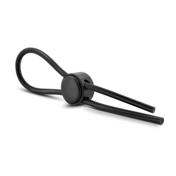 Black Stay Hard Silicone Loop Cock Ring with adjustable lasso-style design for comfort and durability.