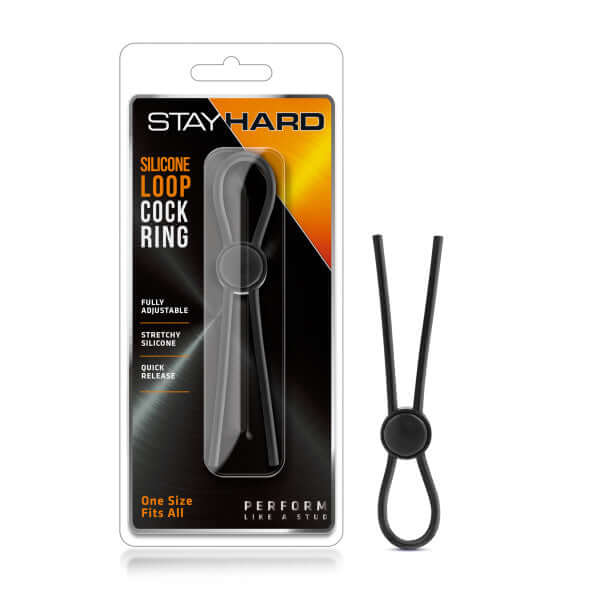 Stay Hard Silicone Loop Cock Ring in packaging and standalone, adjustable black silicone for performance and pleasure