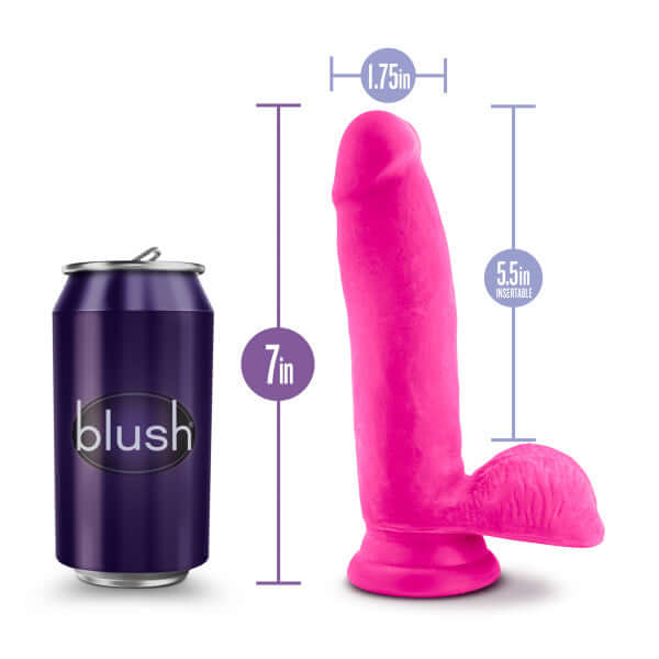 Au Naturel Bold Pleaser 7 inches Pink Dildo by Blush Novelties next to a can for size comparison.
