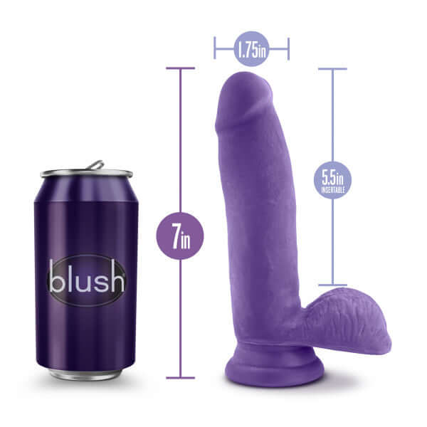 Au Naturel Bold Pleaser 7 inches Purple Dildo with Sensa Feel, next to soda can for size comparison, featuring suction cup base.