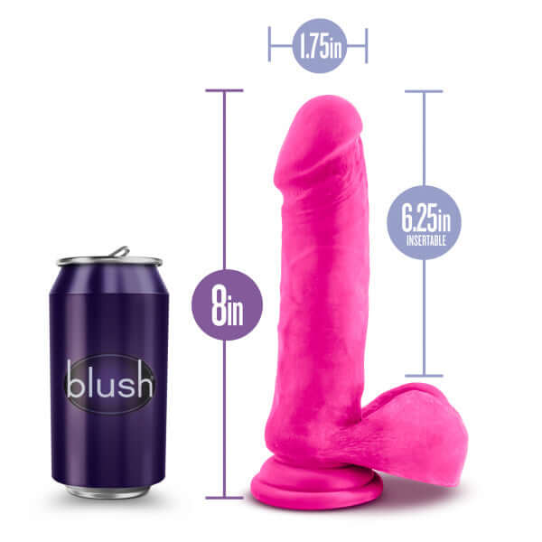 Au Naturel Bold Hero 8-Inch Pink Dildo with Can for Size Comparison and Dimensions
