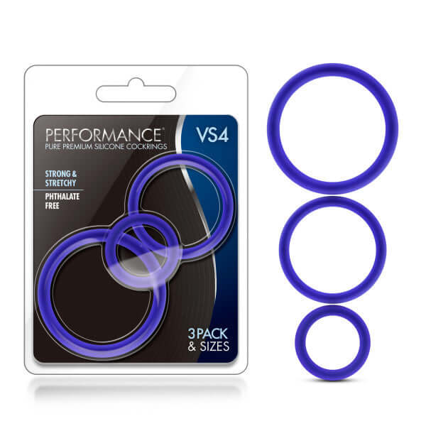 Blush Novelties Performance VS4 Pure Premium Silicone Cock Ring Set Indigo Blue at $6.99