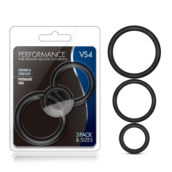 Blush Novelties Performance VS4 Pure Premium Silicone Cock Ring Set Black 3 Pack at $7.99