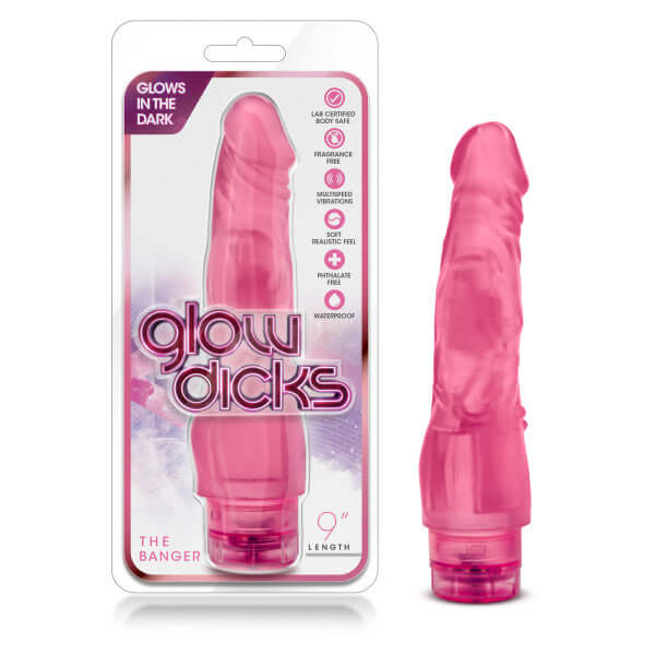 Glow Dicks Banger Pink Realistic Vibrator with packaging by Blush Novelties