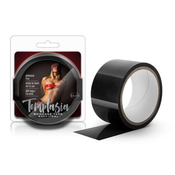 Temptasia Bondage Tape 60 feet Black by Blush Novelties - Reusable, PVC, non-porous, latex-free, versatile for bondage, gags, or blindfolds.