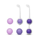 Wellness Kegel Training System Purple by Blush Novelties, showing six progressively weighted satin smooth silicone balls and two white holders.