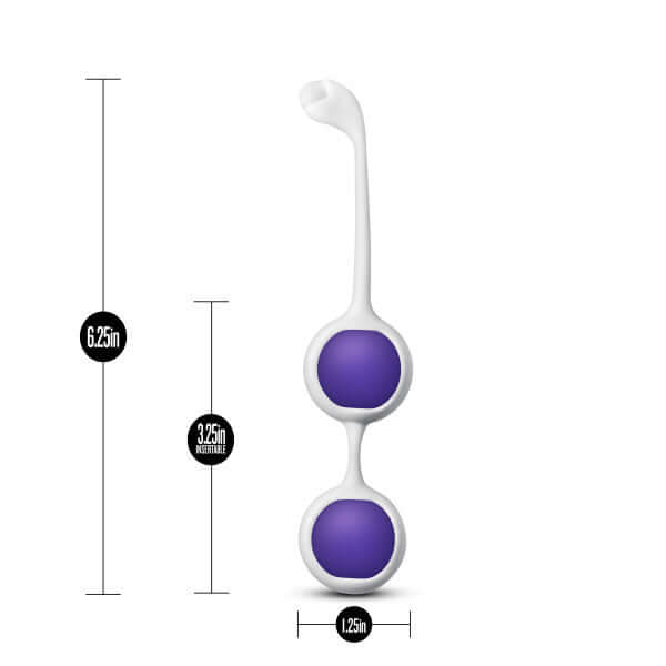 Blush Novelties Wellness Kegel Training System with two purple silicone balls and measurement guides for length and width