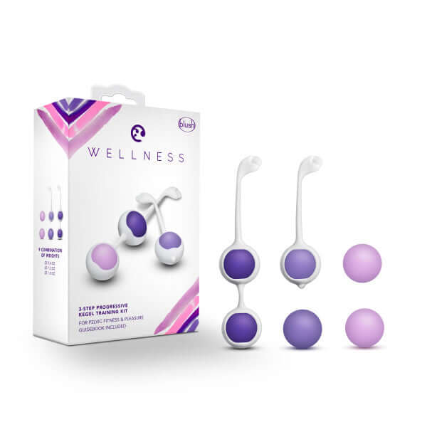Wellness Kegel Training System by Blush Novelties in purple with adjustable silicone weights for pelvic muscle strengthening.