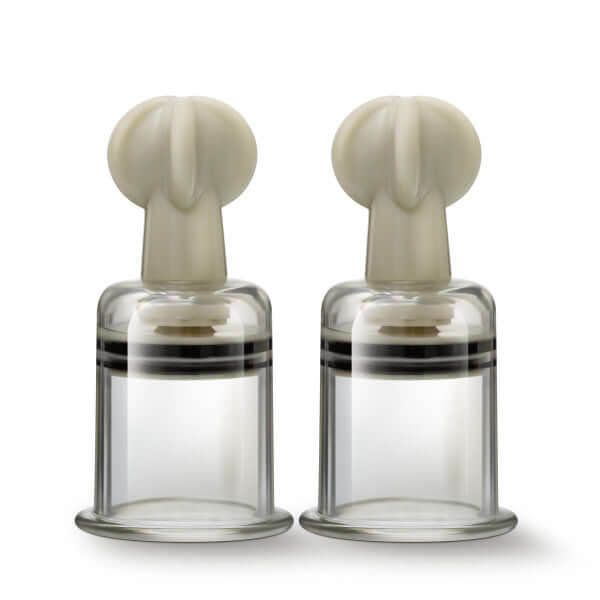 Temptasia Clitoris and Nipple Large Twist Suckers Set with adjustable crystal-clear suction cylinders for heightened sensitivity and engorgement.