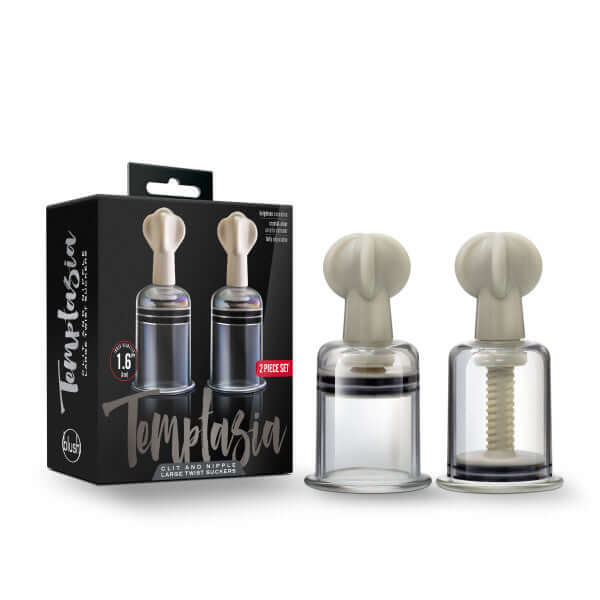 Temptasia Clitoris and Nipple Large Twist Suckers Set with packaging and two clear suction cylinders.