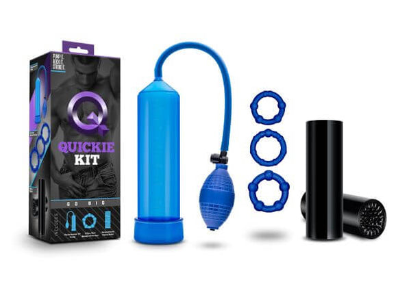 Quickie Kit Go Big Blue by Blush Novelties with Blue Penis Pump, 3 Cock Rings, and Stroker