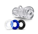 Quickie Kit Jerk Off Clear from Blush Novelties with realistic sleeve and multi-textured chamber, includes three colored rings for enhanced pleasure